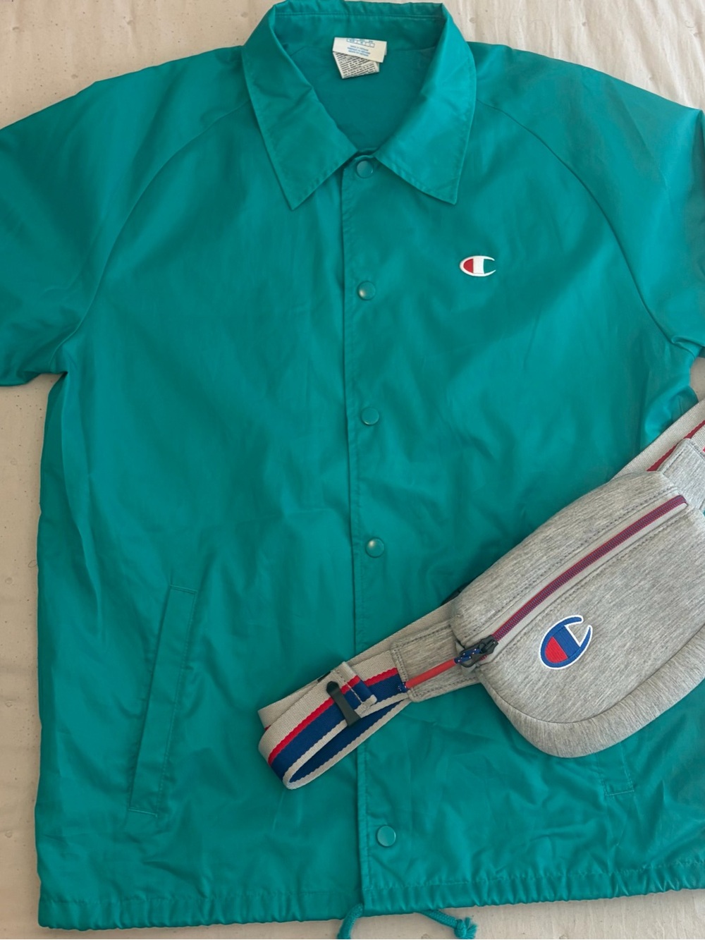 Champion Bundle | Teal Coaches Jacket Medium + Champion Waist Bag